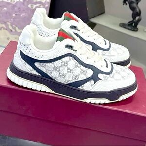 Gucci Mens leather white & Navy Re-Web Sneakers